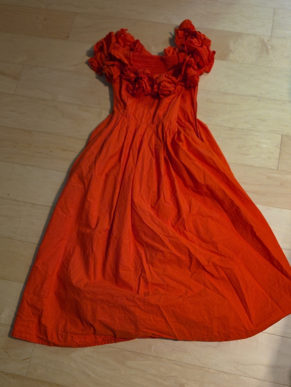 Maeve Bright Orange Maxi Dress with Rosette Neckline